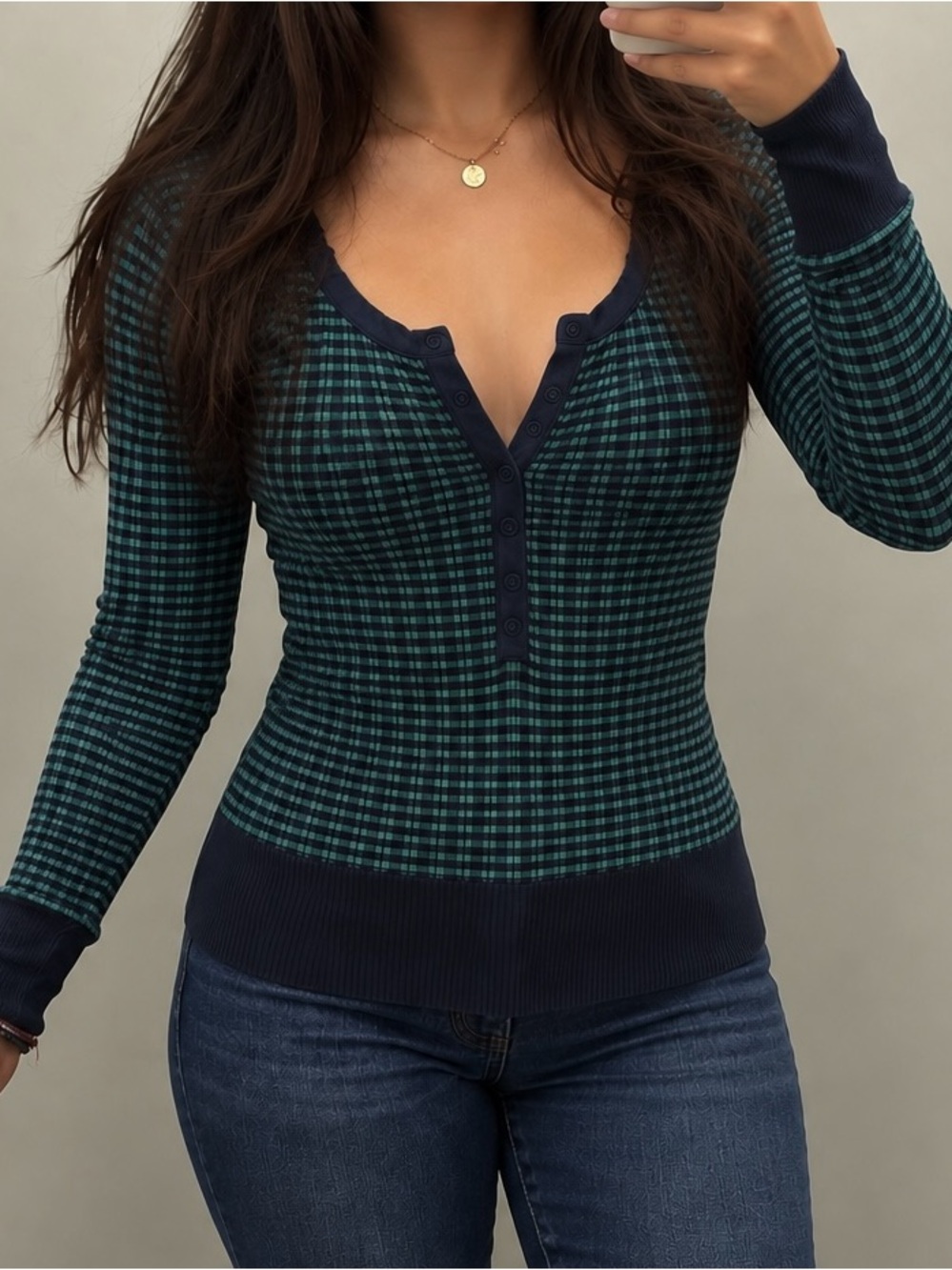 Aeropostale Navy & Teal Ribbed Henley Long Sleeve Top